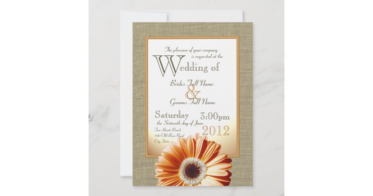 Burlap and Bow Orange Gerbera Daisy Wedding Invitation | Zazzle