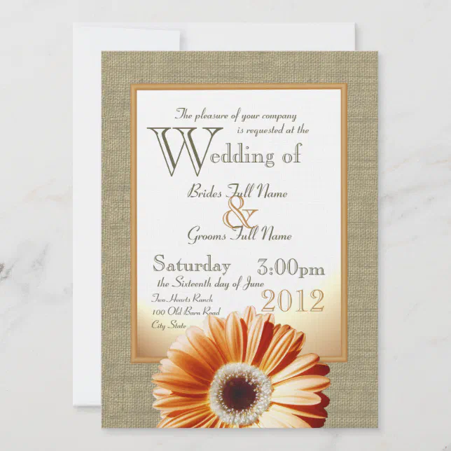 Burlap and Bow Orange Gerbera Daisy Wedding Invitation | Zazzle