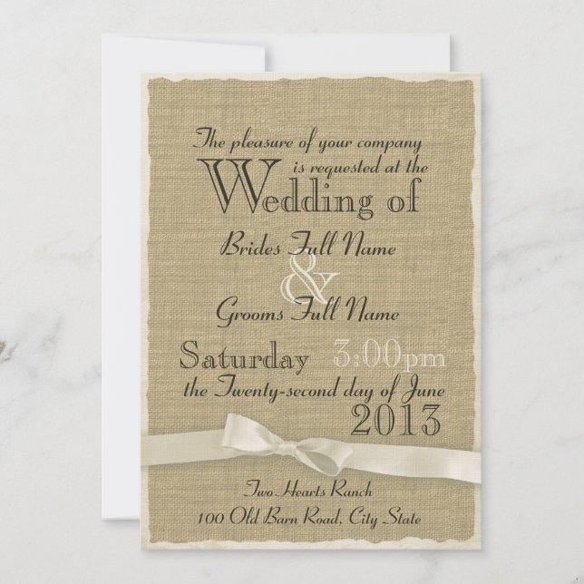 Burlap and Bow Rustic Wedding Lite Invitation (Front)