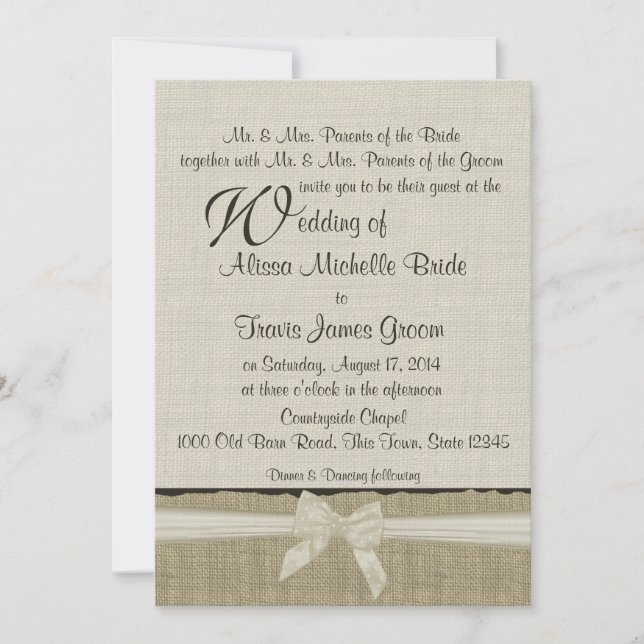 Burlap and Bows Rustic Country Wedding Invitation (Front)