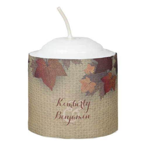 Burlap and Burgundy Maple Leaves Rustic Fall Votive Candle - Wedding candle favor with rustic burlap and fall maple leaves