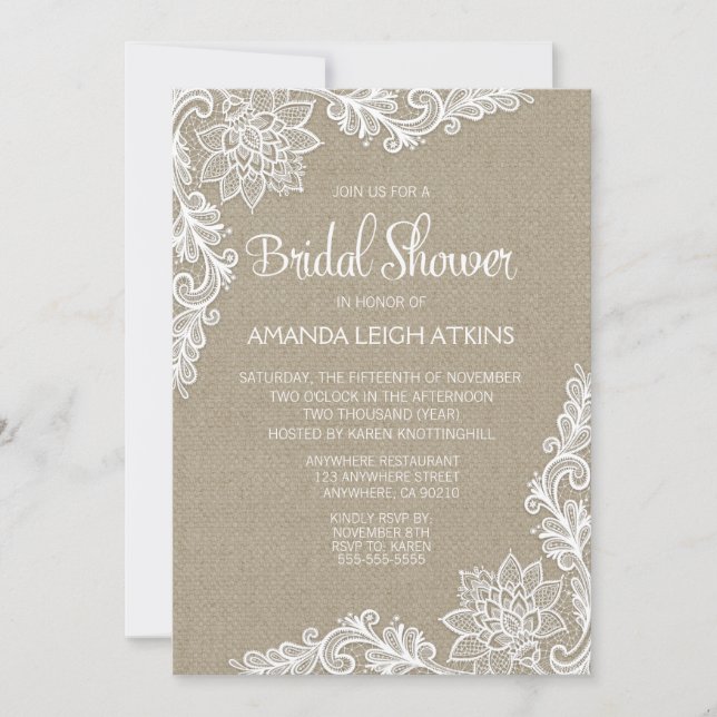 Burlap and Floral Lace Bridal Shower Invitations (Front)