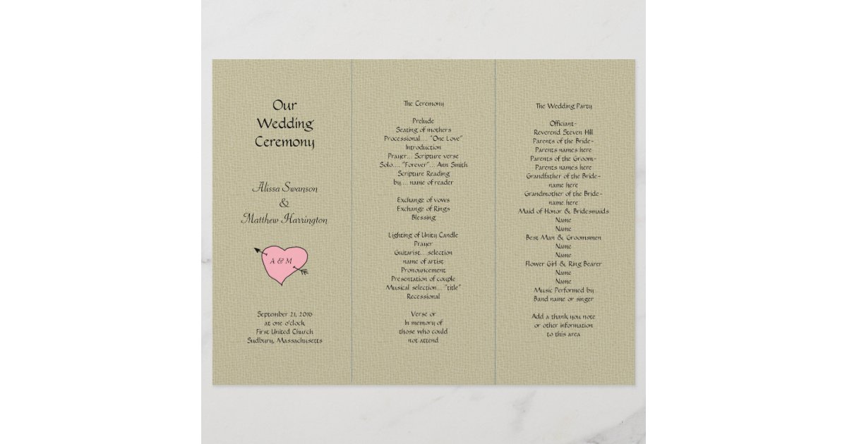 Download Burlap and Heart Tri-fold Wedding Program Template | Zazzle.com