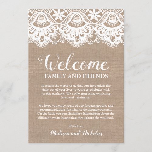 Burlap and Lac Wedding Hotel Welcome Cards Rustic Program