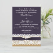 Burlap and lace and purple wedding invitation (Standing Front)