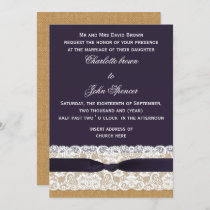 Burlap and lace and purple wedding invitation