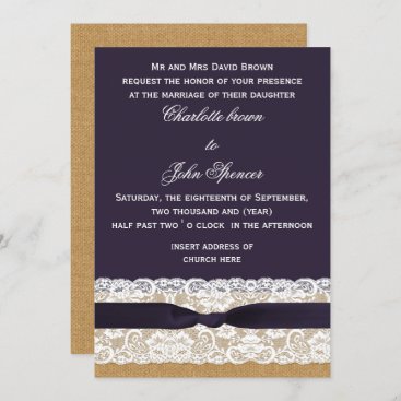 Burlap and lace and purple wedding invitation