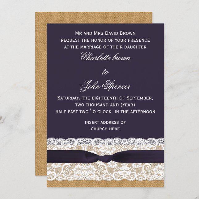 Burlap and lace and purple wedding invitation (Front/Back)