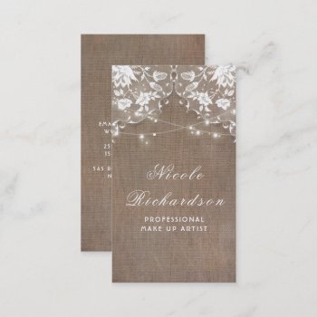 Burlap And Lace And String Lights Rustic Elegant Business Card by jinaiji at Zazzle