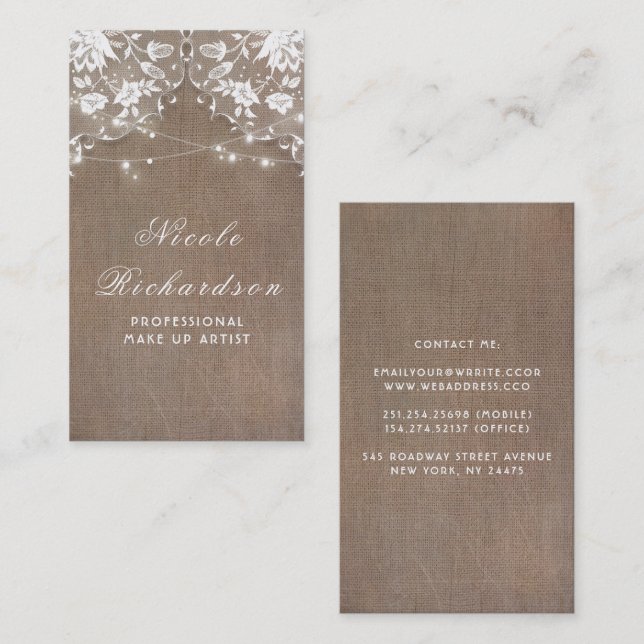 Burlap and Lace and String Lights Rustic Elegant Business Card (Front/Back)