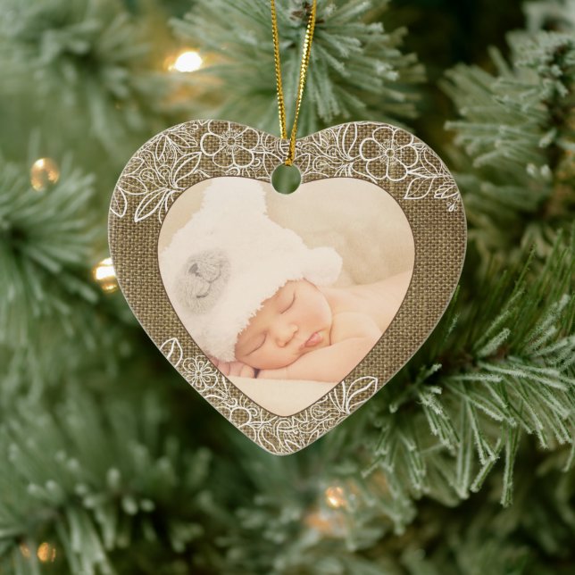Burlap and Lace Baby First Christmas Ceramic Ornament (Tree)