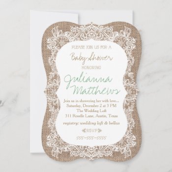 Burlap And Lace Baby Shower Invitation by TheGreekCookie at Zazzle