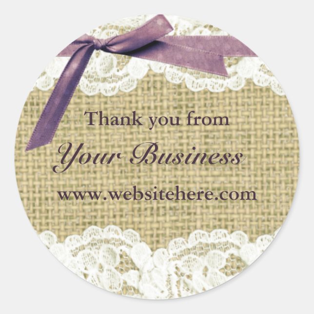 Burlap and Lace Beige Purple Bow shabby chic label (Front)
