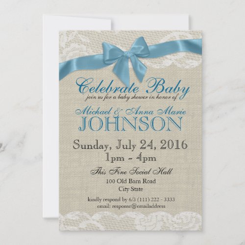 Burlap and Lace Blue Baby Shower Invitation