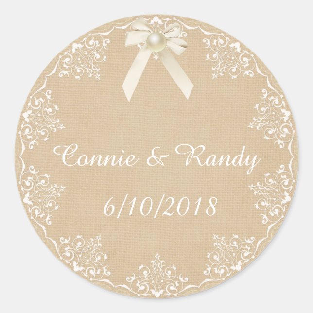 Burlap and Lace Bow and Pearl Wedding Sticker (Front)