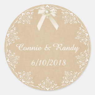 Burlap and Lace Bow and Pearl Wedding Sticker