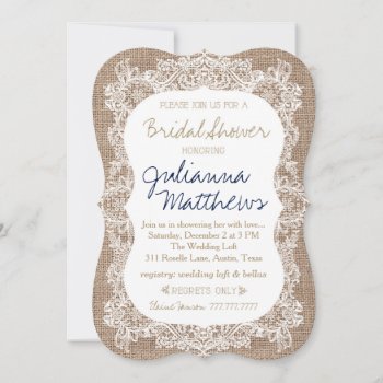 Burlap And Lace Bridal Shower Khaki Navy Invitation by TheGreekCookie at Zazzle