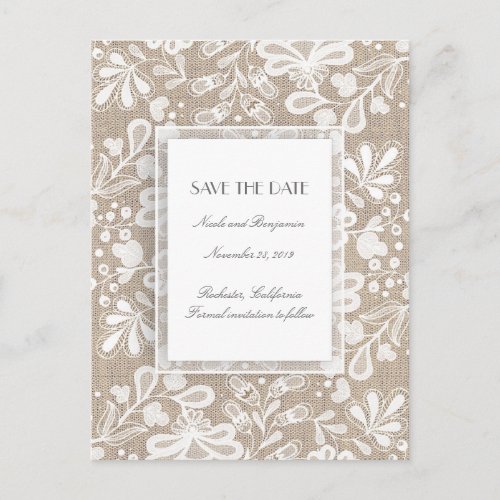 Burlap and Lace Elegant Save the Date Announcement Postcard - Elegant vintage burlap and lace save the date postcards