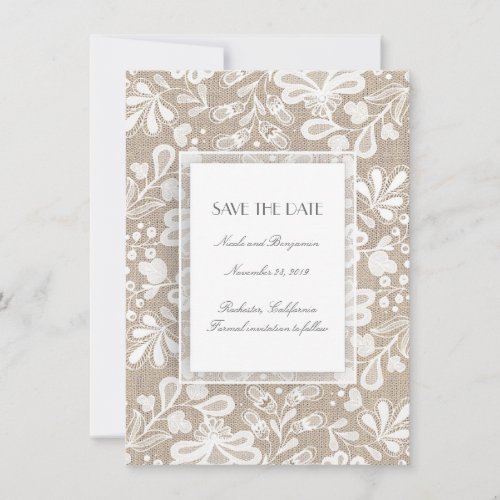 Burlap and Lace Elegant Vintage Save the Date - Elegant lace and burlap save the date cards