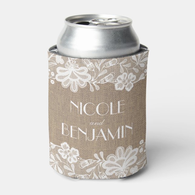 Burlap and Lace Elegant Vintage Wedding Can Cooler (Can Front)