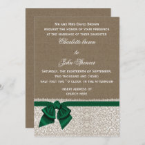 burlap and lace emerald wedding invitation