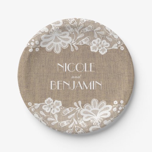 Burlap and Lace Floral Elegant Wedding Paper Plates - Burlap and lace elegant vintage wedding paper plates