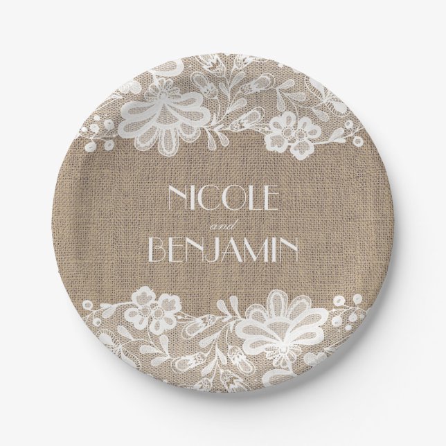 Burlap and Lace Floral Elegant Wedding Paper Plates (Front)
