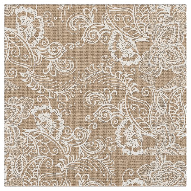Burlap and Lace Floral Shabby Chic Fabric (Close Up)