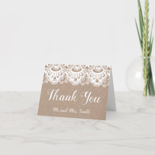 Burlap and Lace Folded Thank You Cards, Rustic Note Card (Front)