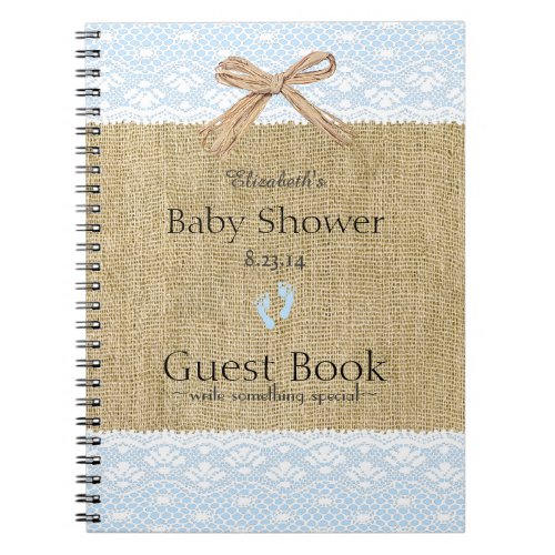 Burlap and Lace Image Blue Baby Shower Guest Book_ Notebook
