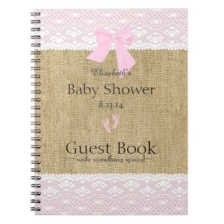 Burlap And Lace Image Pink Baby Shower Guest Book- Notebook