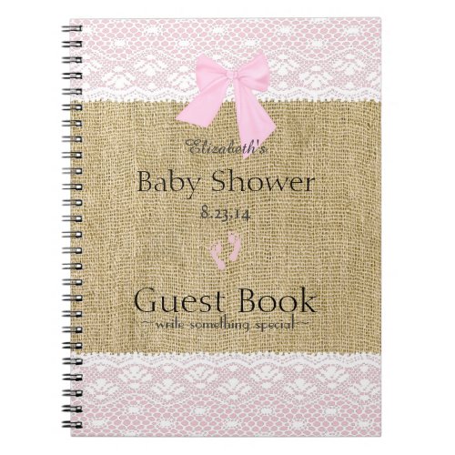 Burlap and Lace Image Pink Baby Shower Guest Book_ Notebook