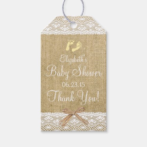 Burlap and Lace Image Yellow Footprint Baby Shower Gift Tags