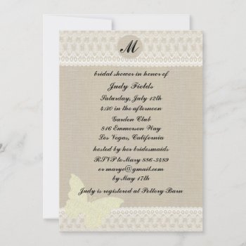 Burlap And Lace Monogram Bridal Shower Invitation by atteestude at Zazzle