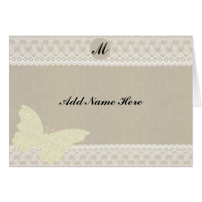 Burlap And Lace Monogram Table Place Card (Front Horizontal)