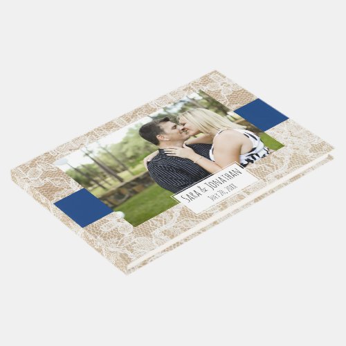 Burlap and Lace Navy Blue Photo Wedding Guest Book