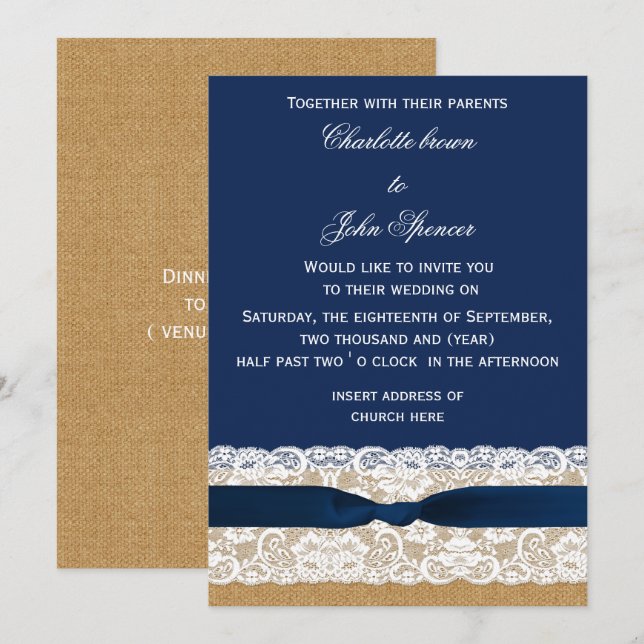 Burlap and Lace Navy Wedding Invitation (Front/Back)