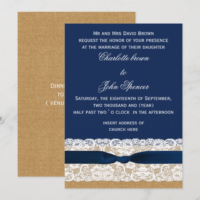 Burlap and Lace Navy Wedding Invitation (Front/Back)