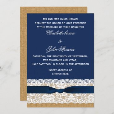 Burlap and Lace Navy Wedding Invitation