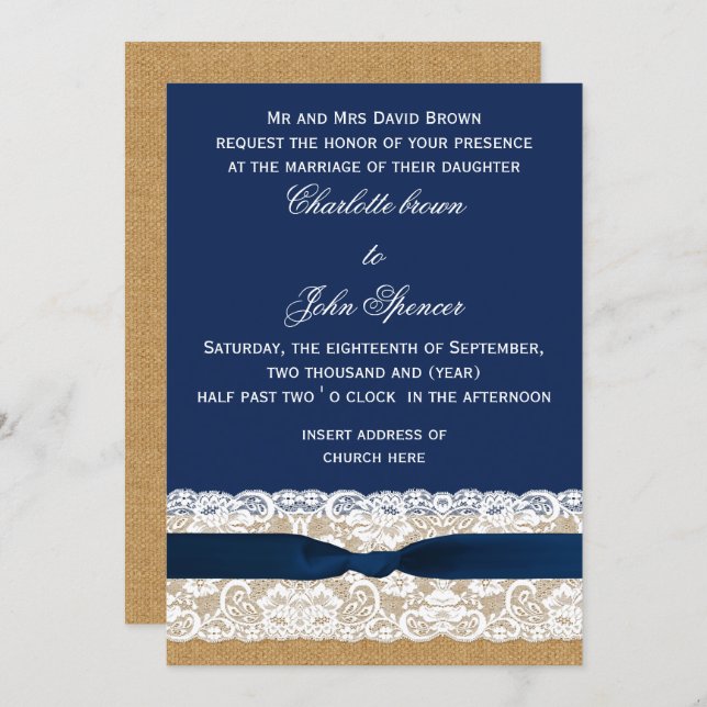 Burlap and Lace Navy Wedding Invitation (Front/Back)