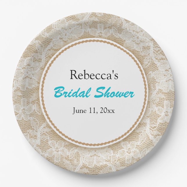 Burlap and Lace Personalized Bridal Shower Paper Plates (Front)