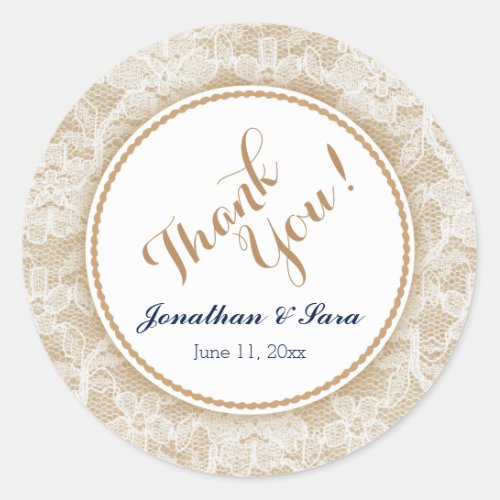 Burlap and Lace Personalized Wedding Thank You Classic Round Sticker