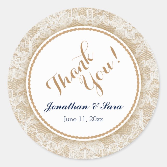 Burlap and Lace Personalized Wedding Thank You Classic Round Sticker (Front)