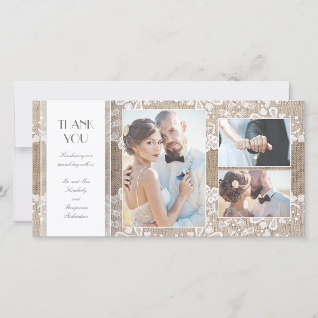 Burlap and Lace Photo Wedding Thank You Card (Front)
