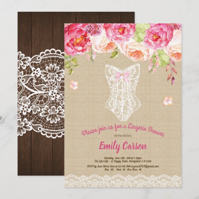 Burlap and lace pink lingerie shower bridal party invitation (Front/Back)