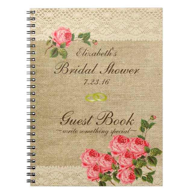 Burlap and Lace Print- Bridal Shower Guest Book- Notebook (Front)