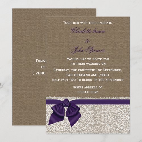 FAUX burlap, lace and purple ribbon invites