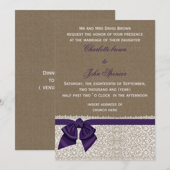Burlap and Lace Purple Wedding Invitation (Front/Back)