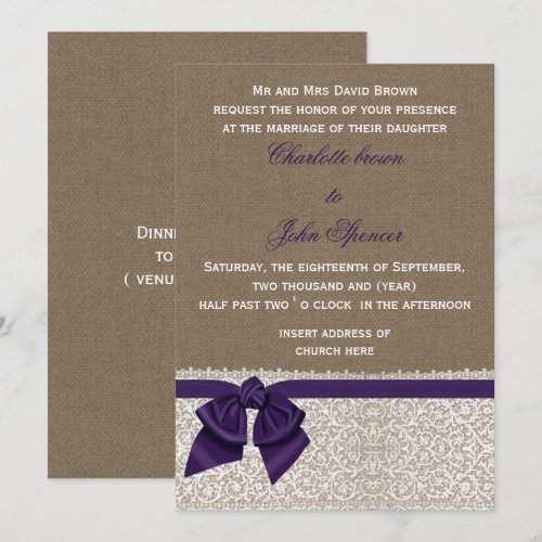 FAUX burlap, lace and purple ribbon invites