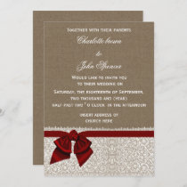 Burlap and Lace Red Wedding Invitation